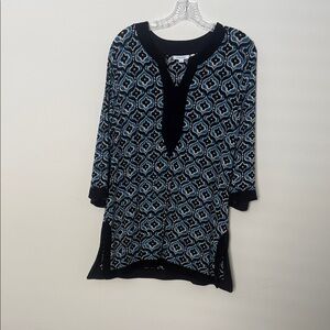Chicos Travelers Tunic in black, blue, and cream design, with black trim, size 2